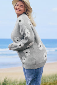 Online Gray Plus Size Embroidered Floral Pattern Half Zip Sweater