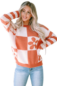 Online Orchid Petal Checkered Floral Print Striped Sleeve Sweater