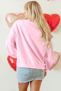 Online Light Pink Embroidered Bow Lantern Sleeve Oversized Pullover Sweatshirt