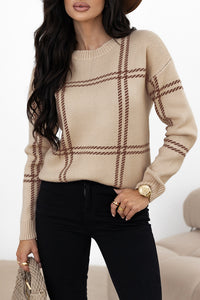 Online Pink Plaid Pattern Knitted Drop Shoulder Sweater