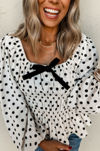 Load image into Gallery viewer, Online Black Polka Dot Puff Sleeve Bow Square Neck Peplum Top
