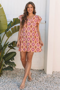 Online Orange Geometric Floral V Neck Buttoned Ruffled Sleeve Mini Dress