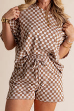 Load image into Gallery viewer, Online Brown Plus Size Checkerboard Print Side Slim Tee Shorts Set
