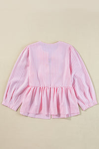 Online Pink Stripe Bowknot Front Crew Neck Puff Sleeve Blouse