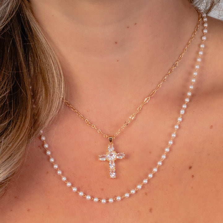 1106 - Pearl and Cross Necklace - Gold & Pearl