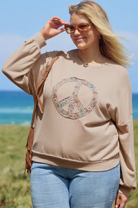 Online Pale Khaki Floral Peace Sign Graphic Washed Terry Plus Size Sweatshirt