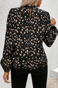 Online Black Leopard Print Lantern Sleeve Mock Neck Pleated Blouse