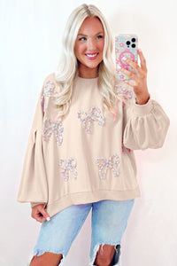 Online Light Pink Embroidered Bow Lantern Sleeve Oversized Pullover Sweatshirt