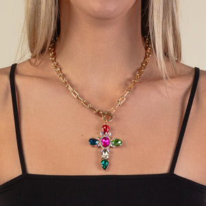 1170 - Crystal Cross Necklace - Multi