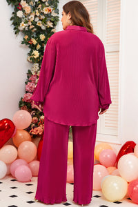 Online Rose Red Plus Size Ribbed Long Sleeve Shirt and Pants Pajama Set