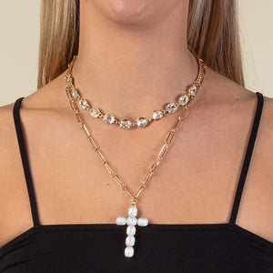 1177 - Layered Cross Necklace - White