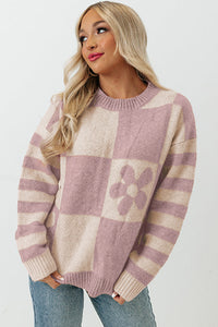 Online Orchid Petal Checkered Floral Print Striped Sleeve Sweater