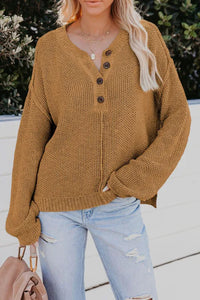 Brown Buttoned Side Split Knit Sweater
