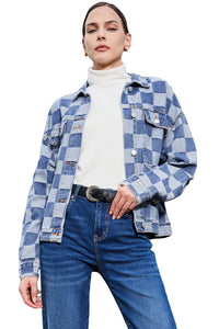 Online Black Checkered Patchwork Button up Denim Jacket