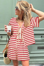 Load image into Gallery viewer, Online Red Stripe Lace-up Front Top and High Waist Shorts Set
