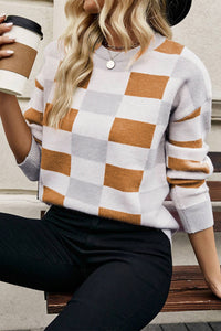 Online Pink Checkered Ribbed Edge O Neck Drop Shoulder Sweater