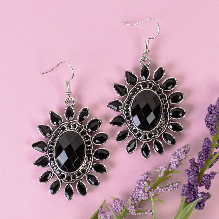 1327 - Crystal Flower Earrings - Black