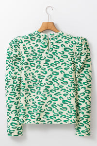 Online Blackish Green Leopard Print Mock Neck Puff Sleeve Top