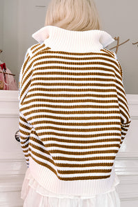 Online Pink Stripe Zip up Collar Drop Shoulder Sweater