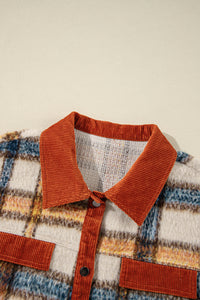 Online Brown Stripe Plus Size Plaid Print Collared Buttoned Jacket