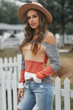 Load image into Gallery viewer, Gray Trim Colorblock Stripes Cold Shoulder Hollow-out Sweater
