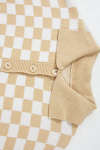 Online Apricot Checkered Buttons Collar V Neck Drop Shoulder Sweater