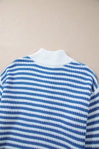 Online Pink Stripe Zip up Collar Drop Shoulder Sweater