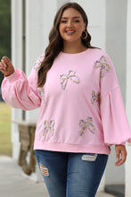 Load image into Gallery viewer, Online Light Pink Embroidered Bow Lantern Sleeve Oversized Pullover Sweatshirt
