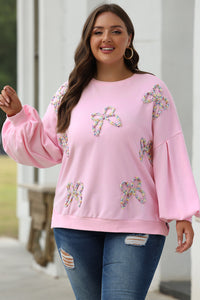 Online Light Pink Embroidered Bow Lantern Sleeve Oversized Pullover Sweatshirt