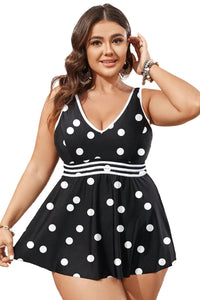 Online Black Polka Dot Trim V Neck Plus Size Swim Dress