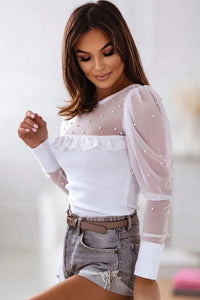 White Pearl Decor Mesh Patchwork Ribbed Long Sleeve Top