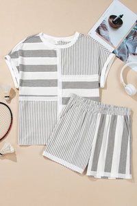 Online Gray Stripe Mixed Print Short Sleeve Top and Pocketed Shorts Set