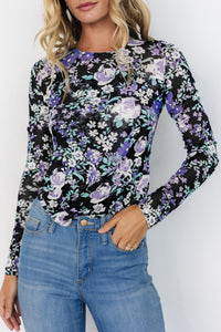 Online Black Floral Print Mesh Fitted Long Sleeve Top