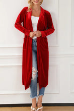 Load image into Gallery viewer, Fiery Red Velvet Open Front Pocketed Long Duster
