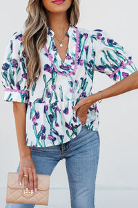 Online Purple Floral Ricrac Trim Half Sleeve Peplum Top