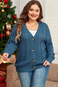 Online Real Teal Open Knit V Neck Button Front Drop Shoulder Plus Size Cardigan