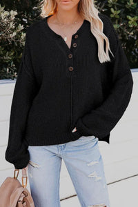 Black Buttoned Side Split Knit Sweater