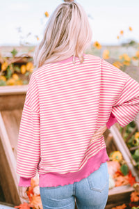 Online Pink Stripe Loose Drop Shoulder Long Sleeve Top