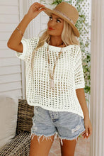 Load image into Gallery viewer, Whit Fishnet Knit Ribbed Round Neck Short Sleeve Sweater Tee
