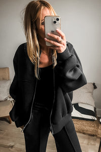Online Black Solid Seamed Zipper Jacket and Drawstring Waist Pants Set
