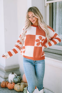 Online Orchid Petal Checkered Floral Print Striped Sleeve Sweater