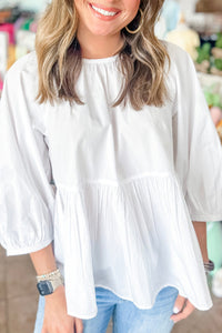 Online White Bow Knot Cutout Back Loose Fit 3/4 Sleeve Blouse
