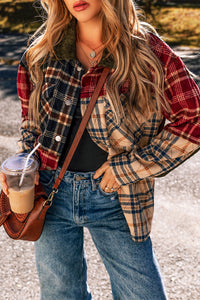 Online Red Mixed Plaid Patchwork Retro Shacket