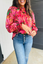 Load image into Gallery viewer, Rose Abstract Print Frilly Neckline Puff Sleeve Blouse
