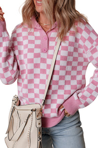 Online Apricot Checkered Buttons Collar V Neck Drop Shoulder Sweater