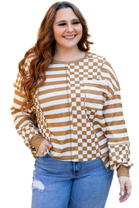 Online Khaki Striped Checkered Mixed Print Chest Pocket Casual Plus Size Top