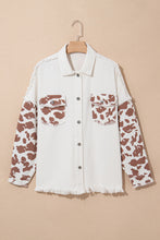 Load image into Gallery viewer, Online White Cow Spot Patchwork Flap Pocket Distressed Hem Long Denim Jacket
