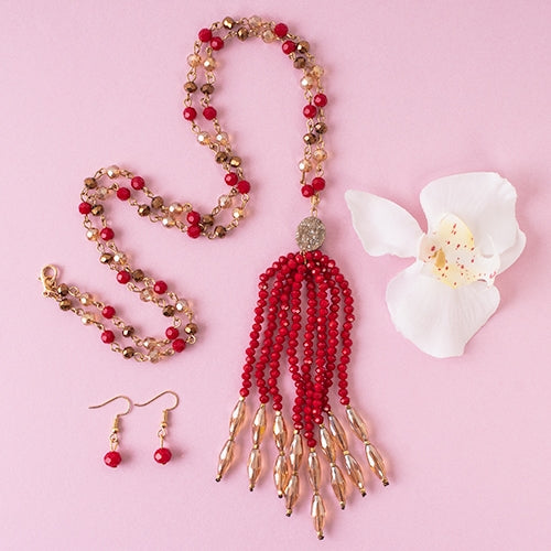 Beaded Tassel Necklace-red
