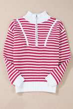 Load image into Gallery viewer, Online Pink Stripe Zip up Collar Drop Shoulder Sweater
