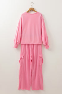Online Sachet Pink Solid Color Patchwork Pullover Top and Cargo Pants Set
